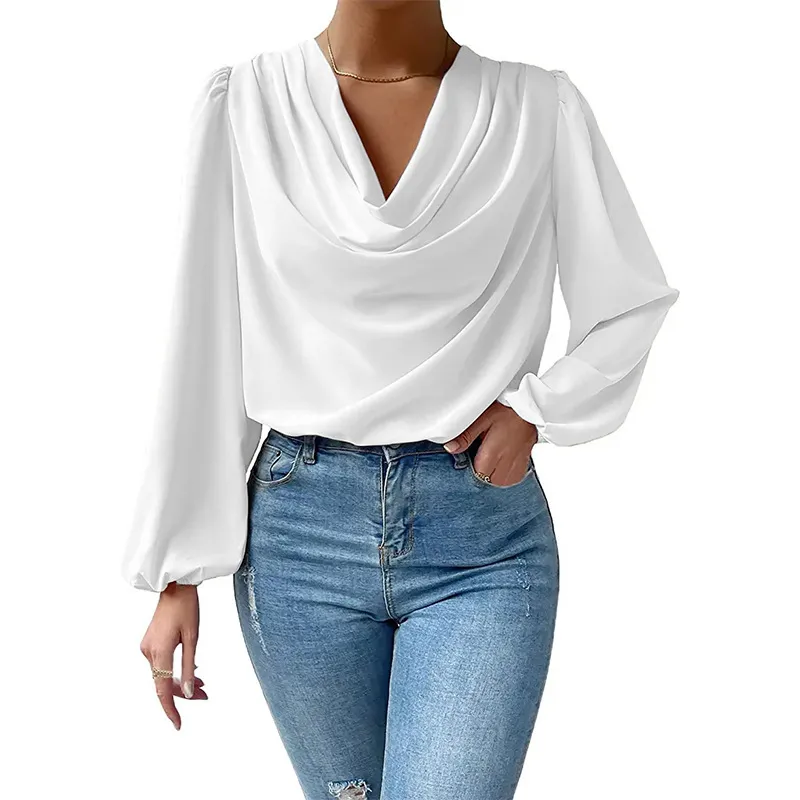 Lustre Draped Cowl Neck Long Sleeve Blouse
