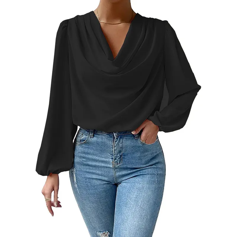 Lustre Draped Cowl Neck Long Sleeve Blouse
