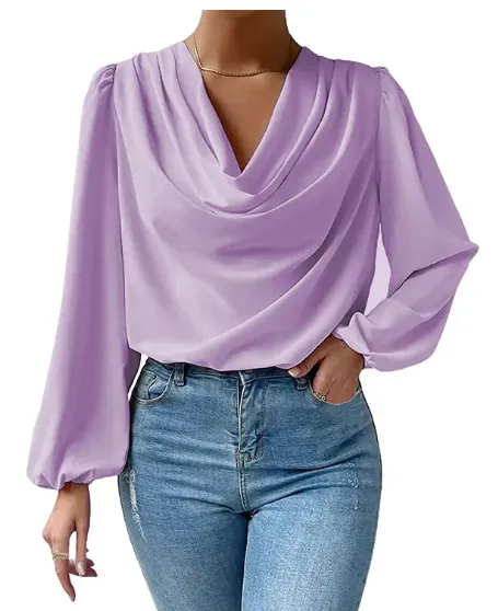 Lustre Draped Cowl Neck Long Sleeve Blouse