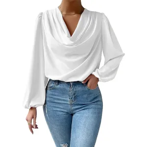 Lustre Draped Cowl Neck Long Sleeve Blouse