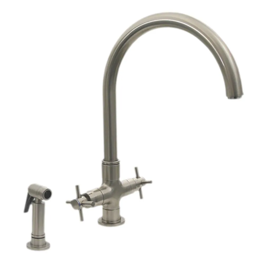 Luxe  Dual Handle Faucet with Gooseneck Swivel Spout, Cross Style Handles and Solid Brass Side Spray