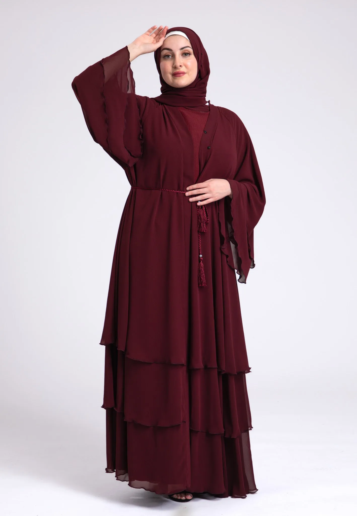 Luxury Burgundy 3 Layered Open Abaya with Inner Dress