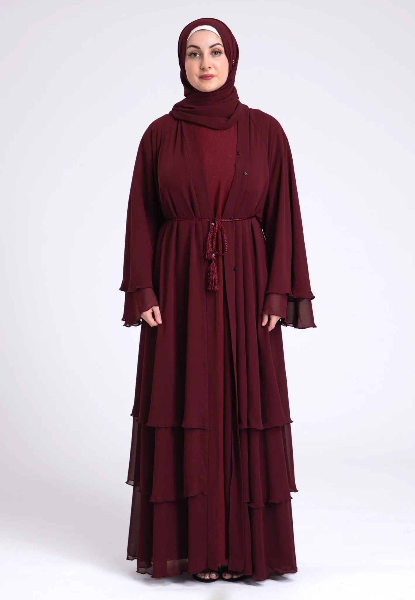Luxury Burgundy 3 Layered Open Abaya with Inner Dress