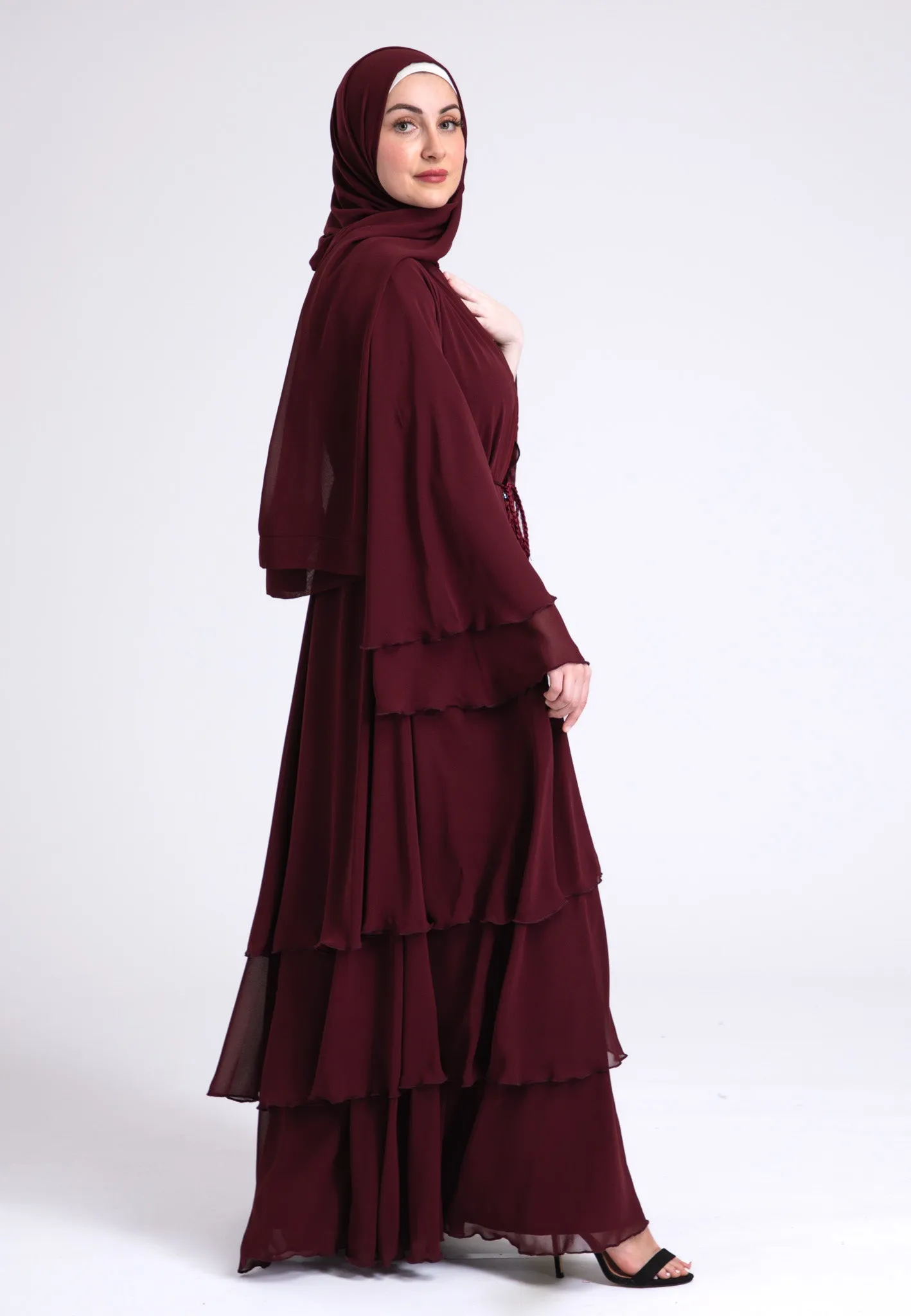 Luxury Burgundy 3 Layered Open Abaya with Inner Dress
