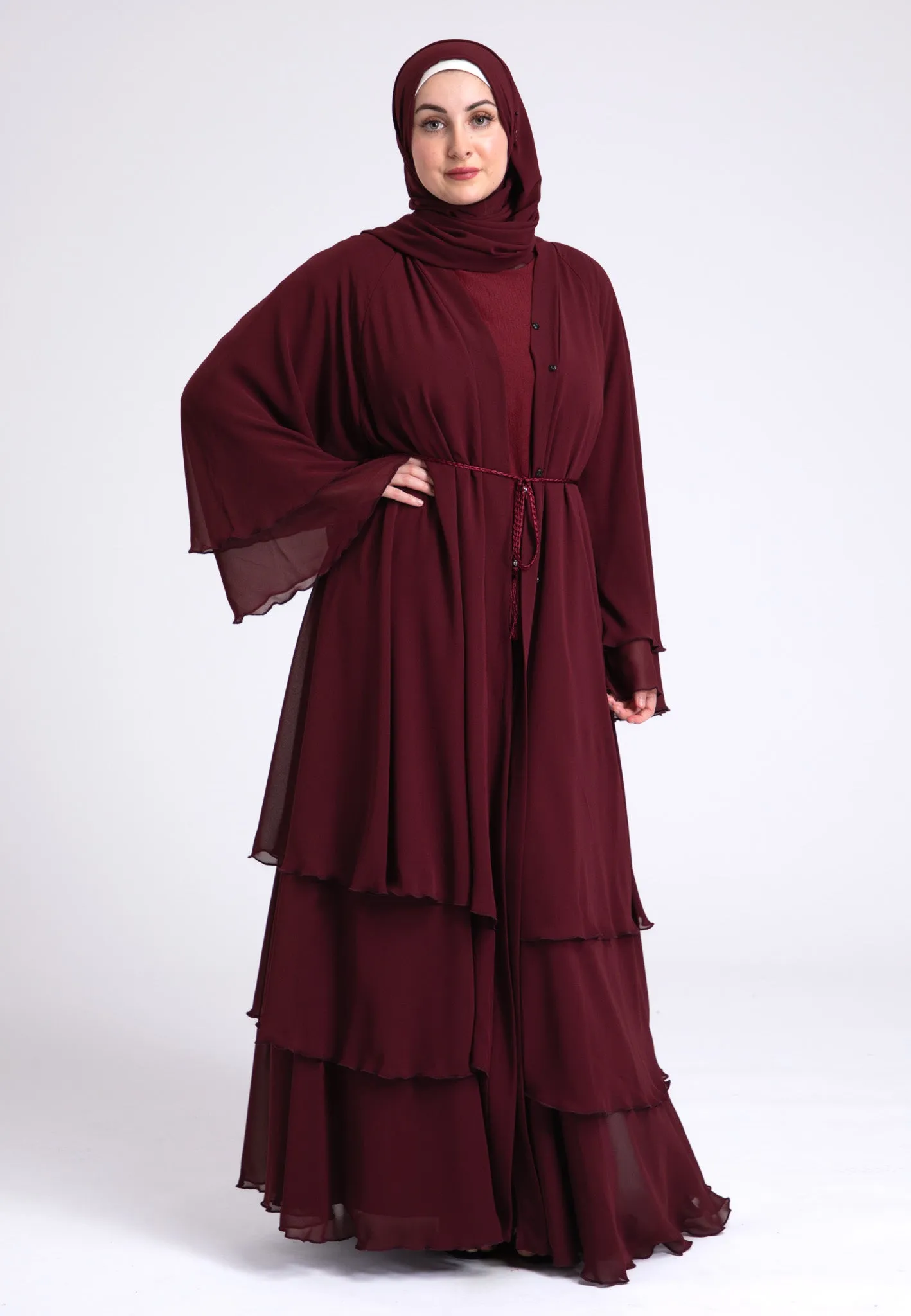 Luxury Burgundy 3 Layered Open Abaya with Inner Dress