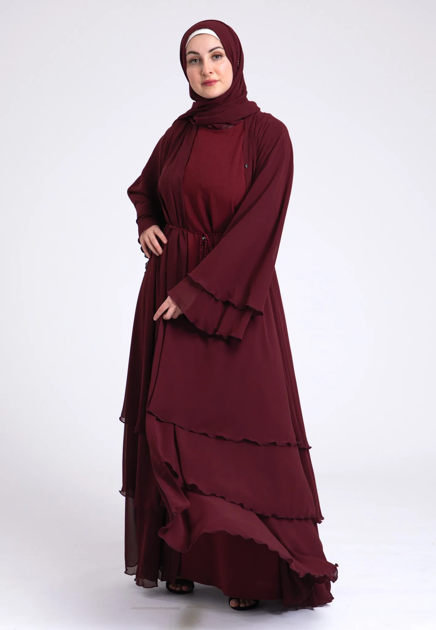 Luxury Burgundy 3 Layered Open Abaya with Inner Dress