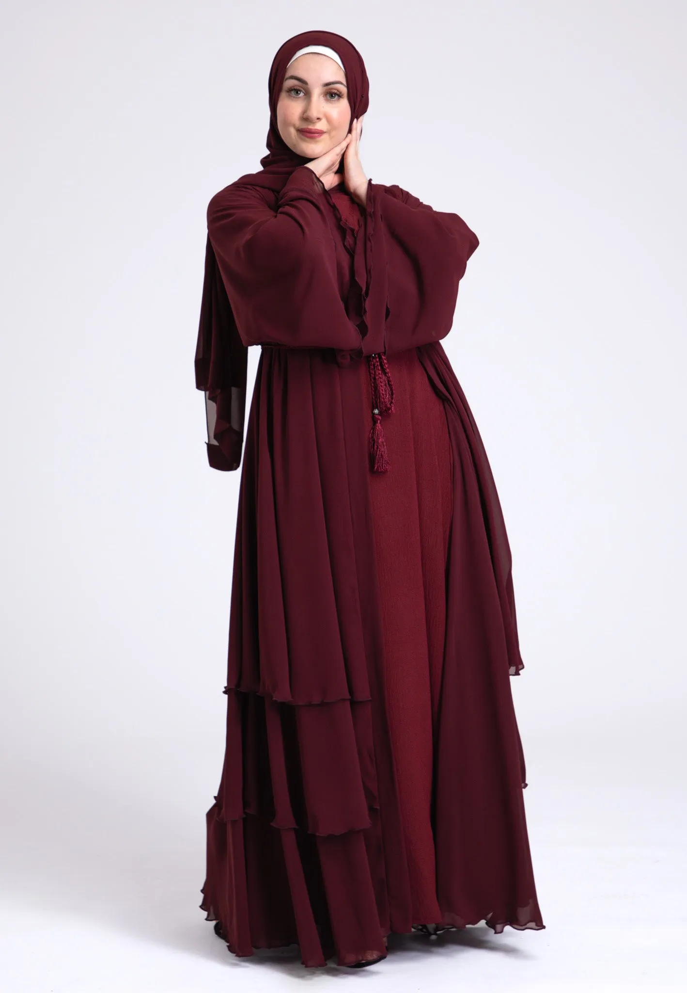 Luxury Burgundy 3 Layered Open Abaya with Inner Dress