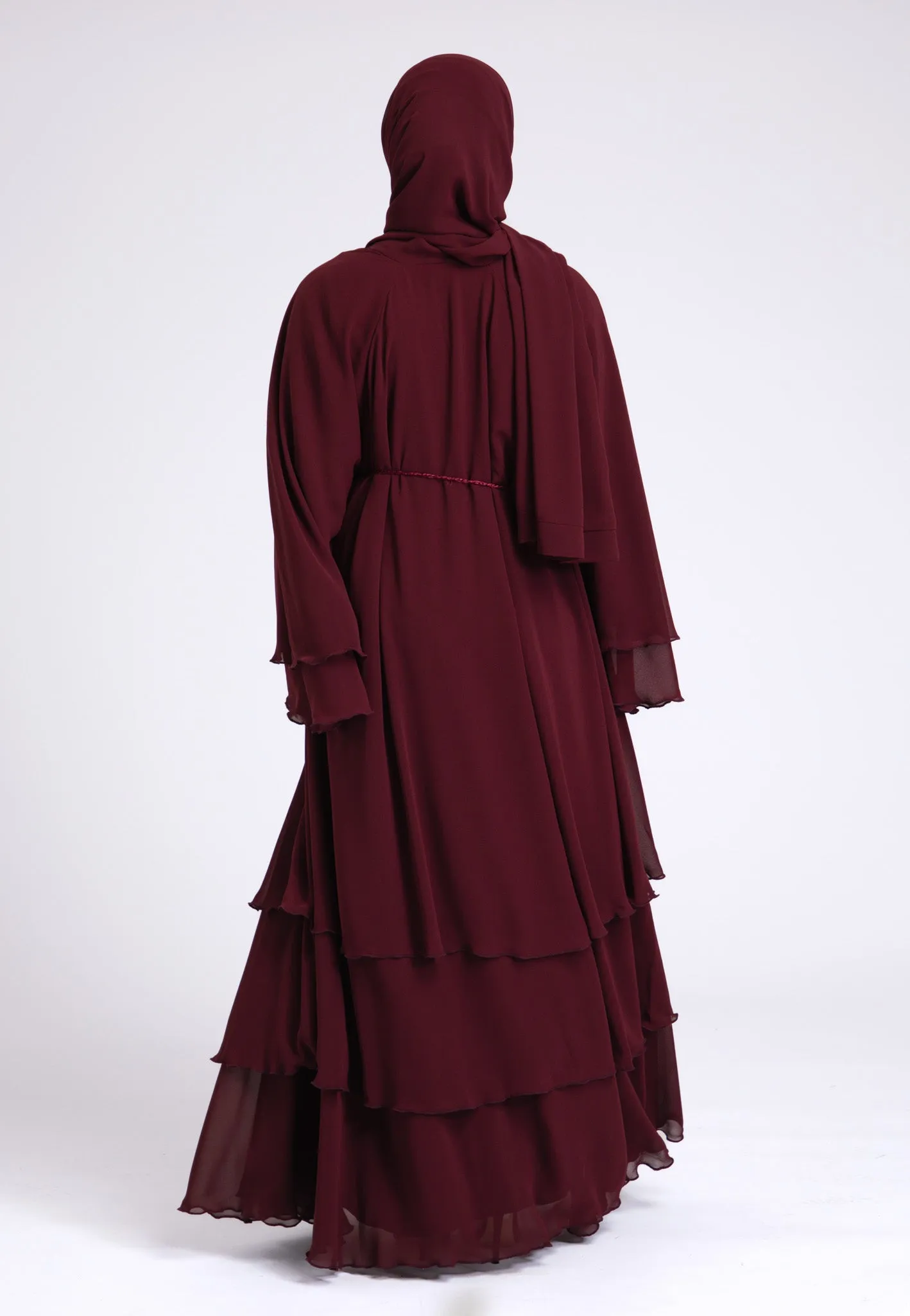 Luxury Burgundy 3 Layered Open Abaya with Inner Dress