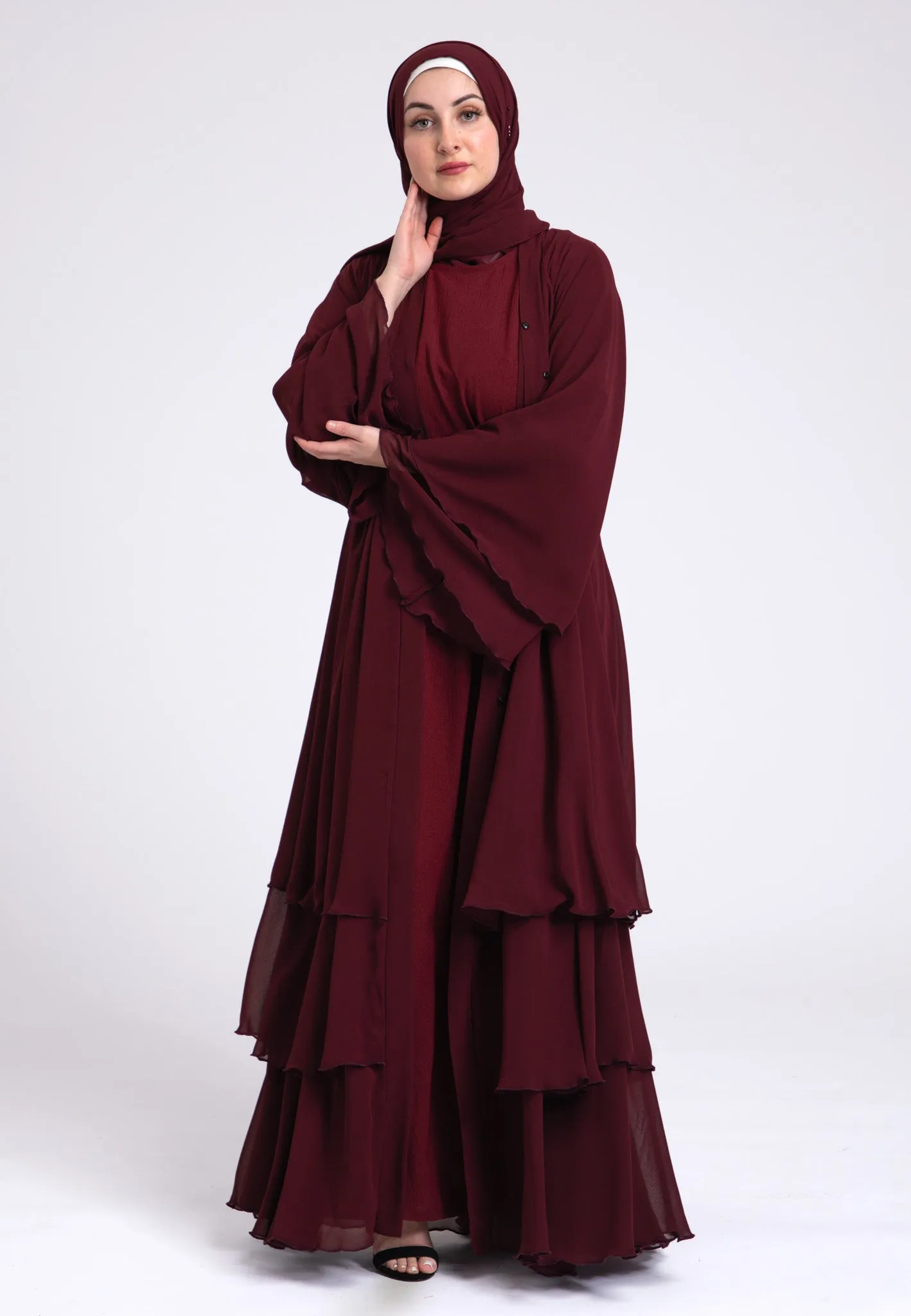 Luxury Burgundy 3 Layered Open Abaya with Inner Dress