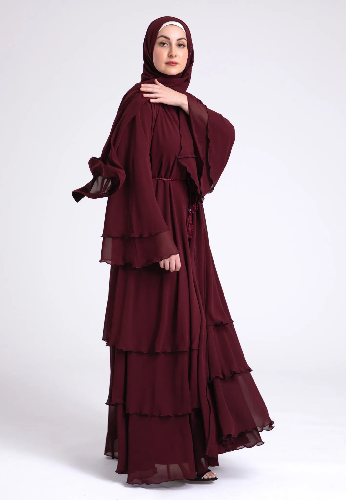 Luxury Burgundy 3 Layered Open Abaya with Inner Dress