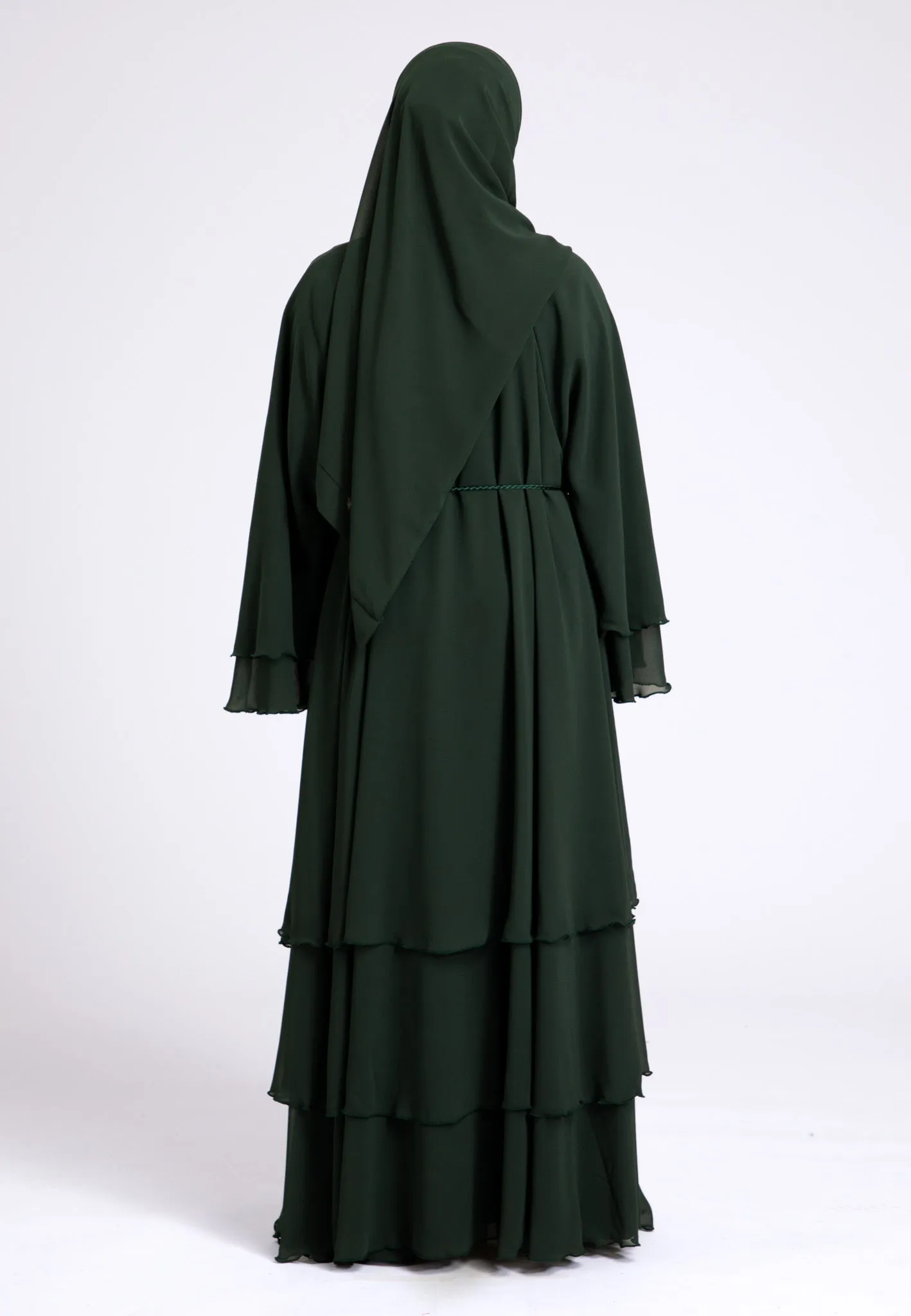 Luxury Forest Green 3 Layered Open Abaya with Inner Dress