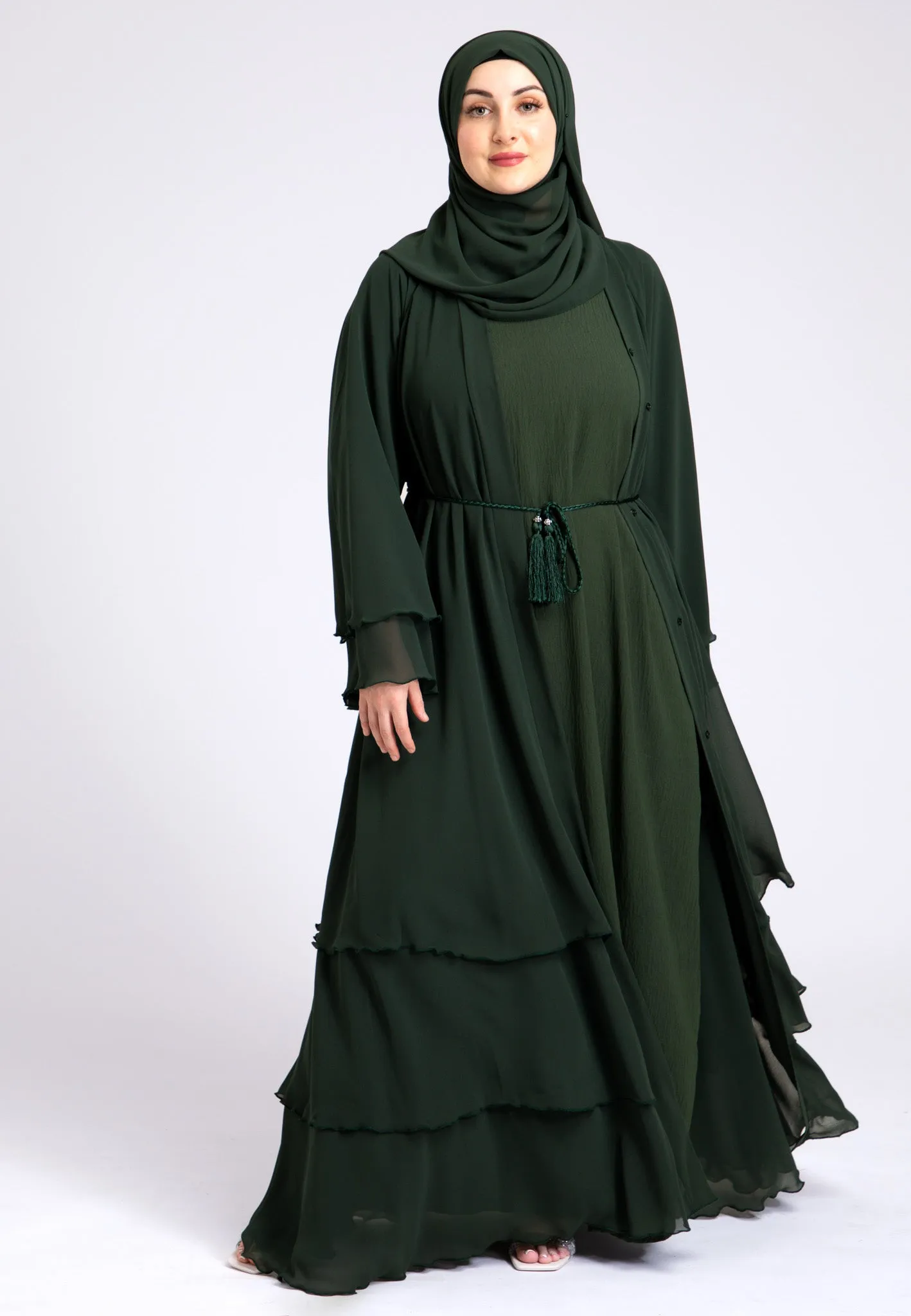 Luxury Forest Green 3 Layered Open Abaya with Inner Dress
