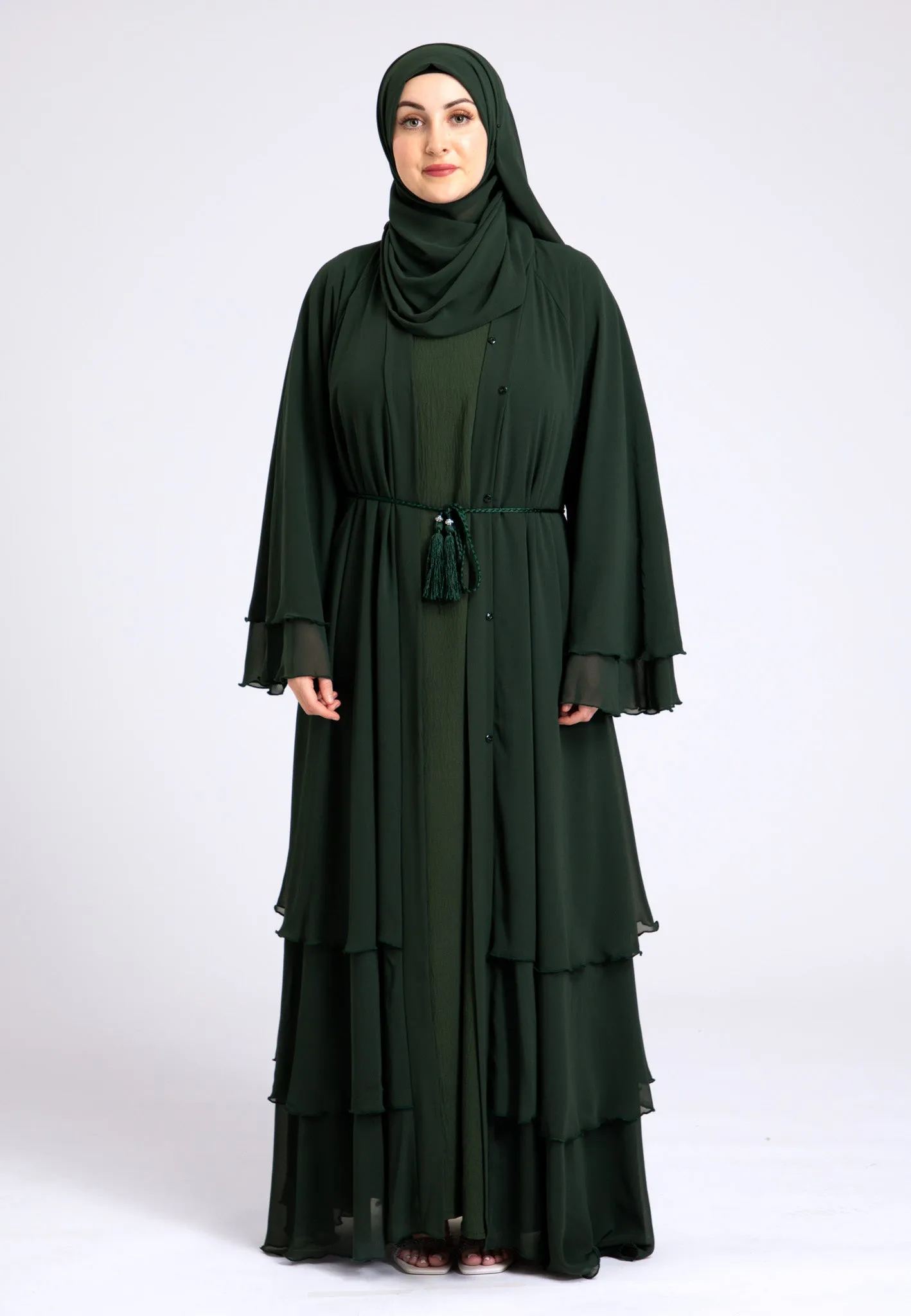 Luxury Forest Green 3 Layered Open Abaya with Inner Dress