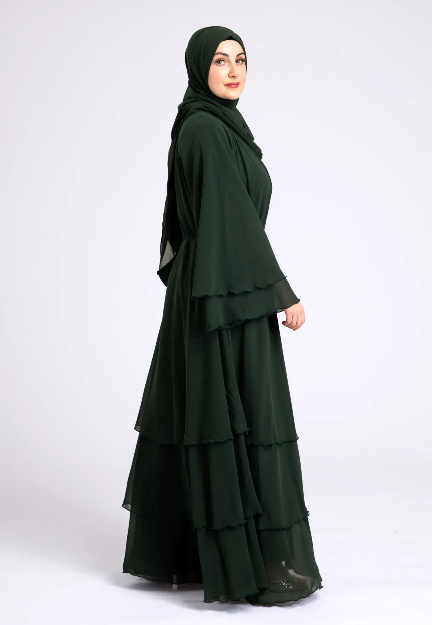 Luxury Forest Green 3 Layered Open Abaya with Inner Dress