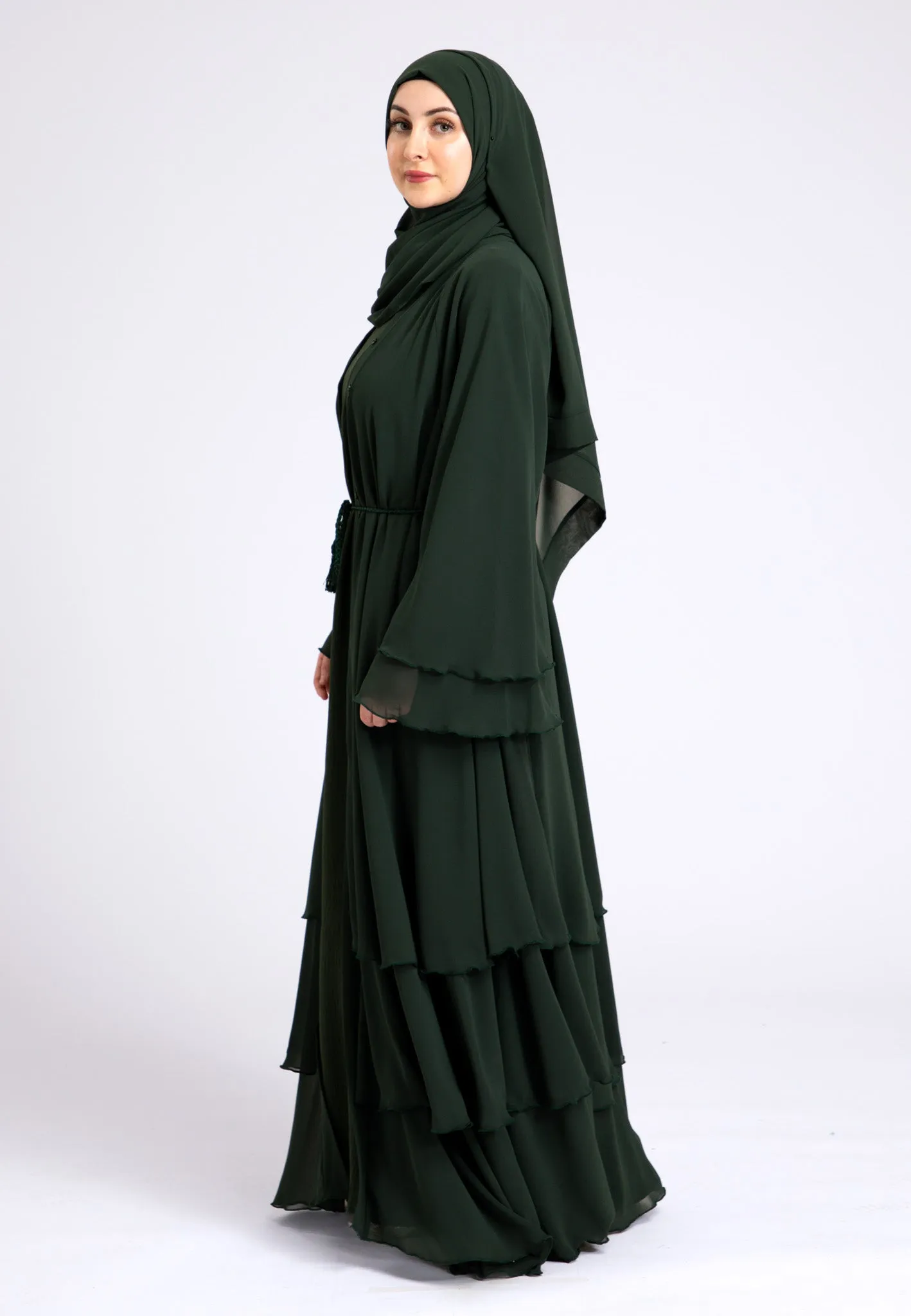 Luxury Forest Green 3 Layered Open Abaya with Inner Dress