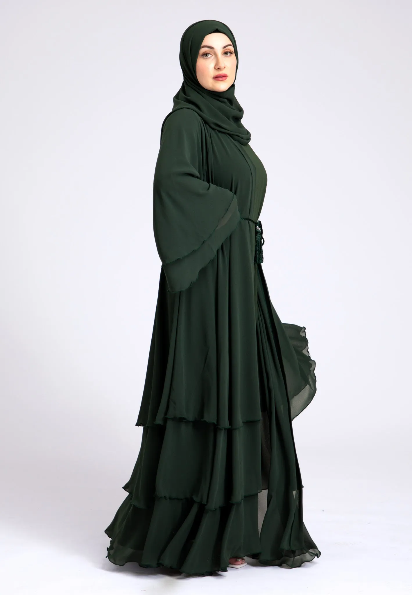 Luxury Forest Green 3 Layered Open Abaya with Inner Dress