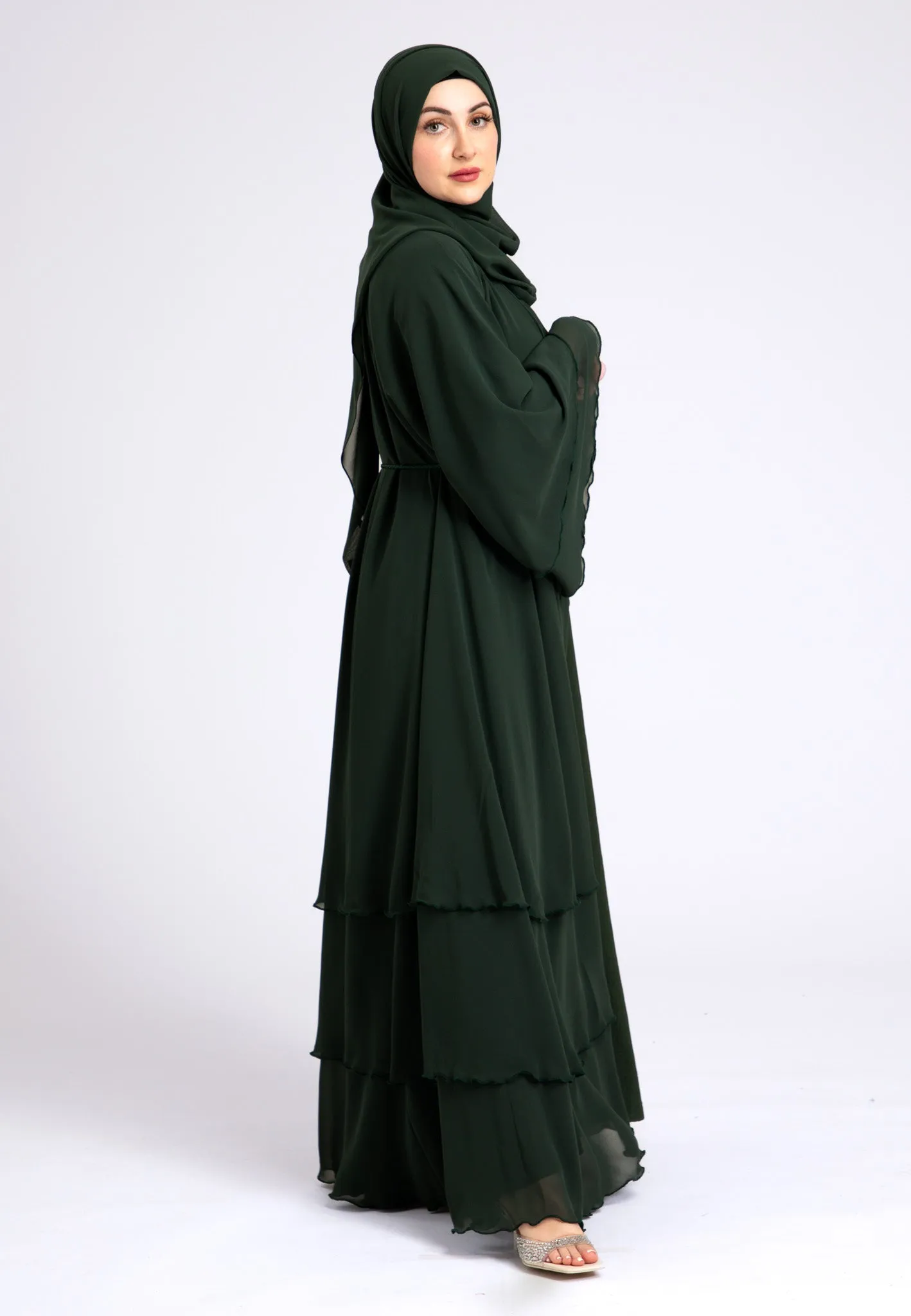 Luxury Forest Green 3 Layered Open Abaya with Inner Dress