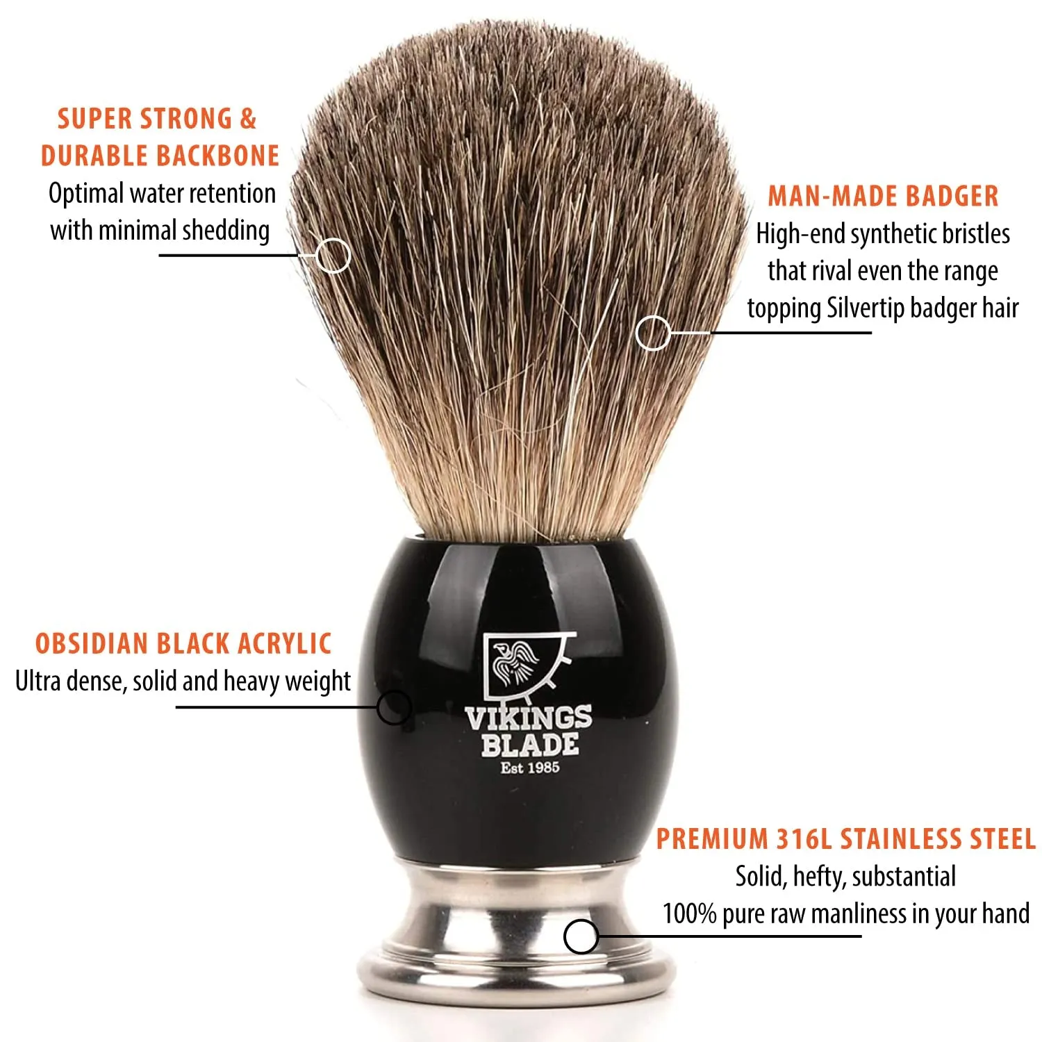 Luxury Shaving Brush for Men by , Ultra Heavy Acrylic & 316L Steel Handle, Super Strong Knot Backbone, Minimal Shedding, Fast Lather, Extremely Smooth & Plush on Skin (Dark Stallion)