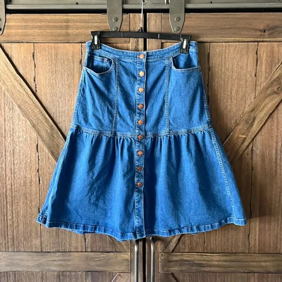 Madewell Denim Bayview Tiered Midi Cotton Flared Skirt Size 30 EUC