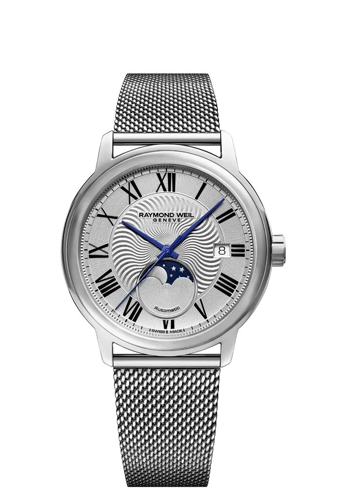 Maestro Moon Phase Men's Silver Automatic Mesh Steel Watch, 40mm 2239M-ST-00659