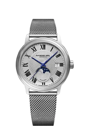 Maestro Moon Phase Men's Silver Automatic Mesh Steel Watch, 40mm 2239M-ST-00659