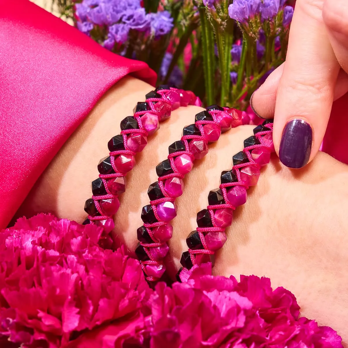 Magenta Quartz & Black Agate | Rose Gold | Double Geom Bracelet