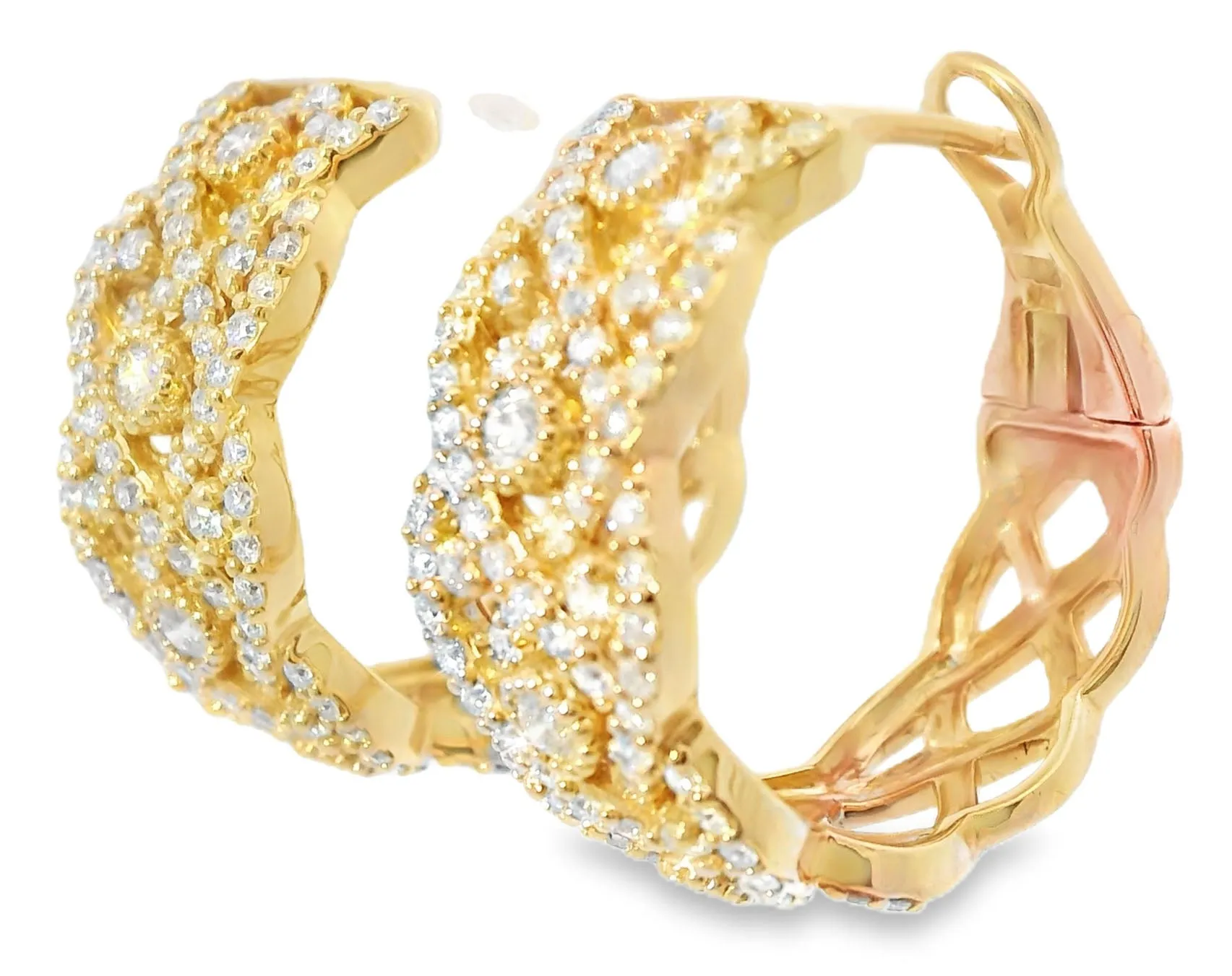 Magnificent 14K Pink Rose Gold Diamond Woven Hoop Earrings Hoops