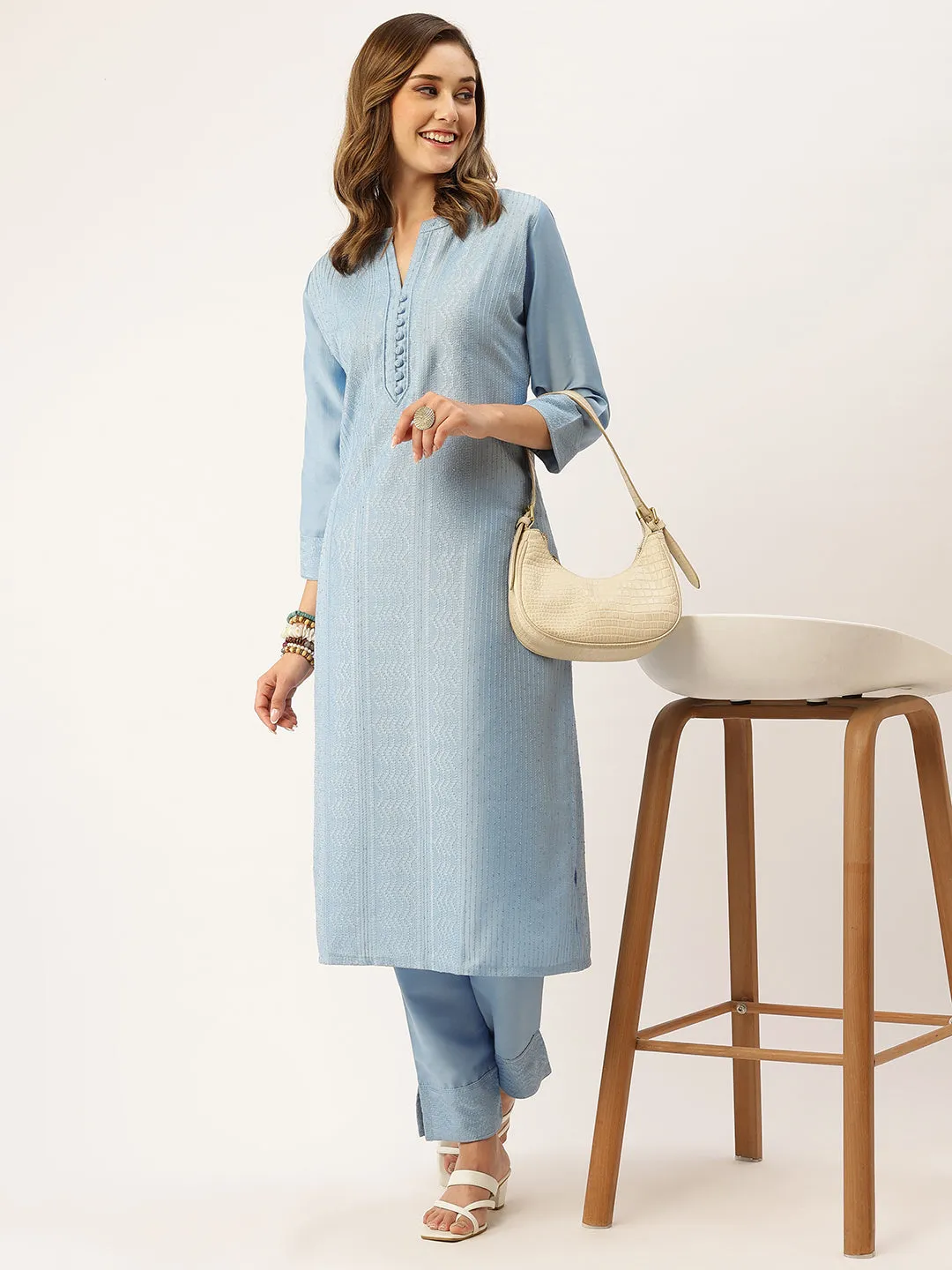 Mandarin Collar Chanderi Silk Fabric All Over Chikankari Embroidery With Sequin Work Blue Kurta Set For Women - ZOLA