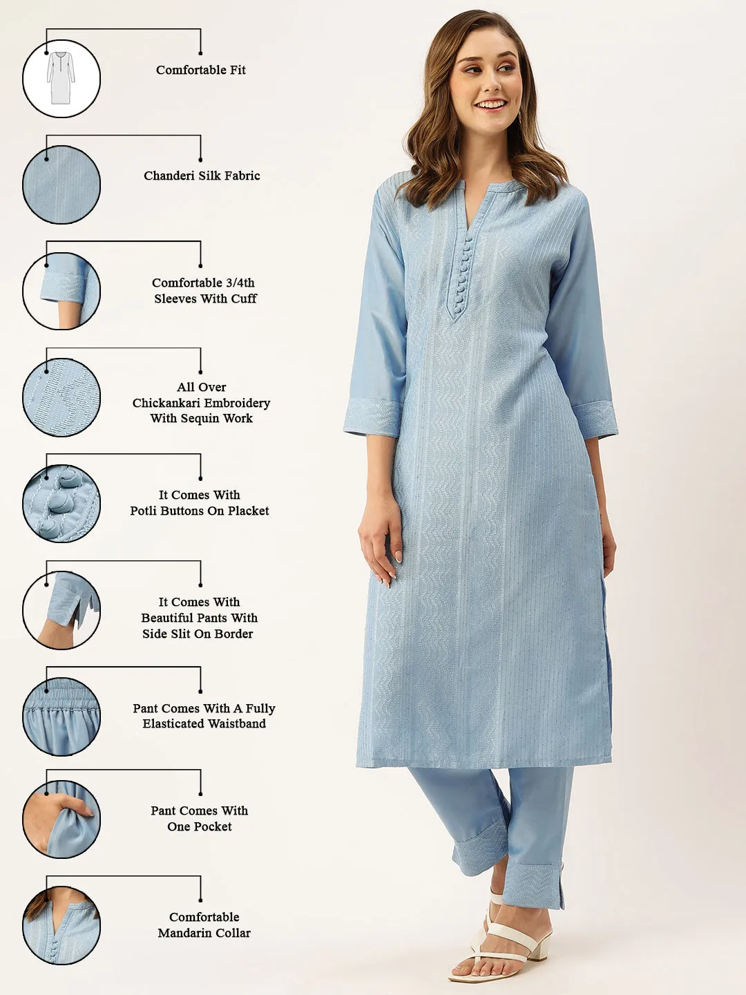Mandarin Collar Chanderi Silk Fabric All Over Chikankari Embroidery With Sequin Work Blue Kurta Set For Women - ZOLA