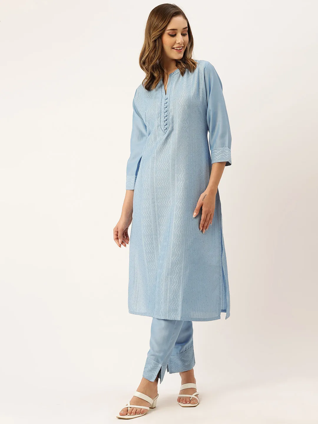 Mandarin Collar Chanderi Silk Fabric All Over Chikankari Embroidery With Sequin Work Blue Kurta Set For Women - ZOLA