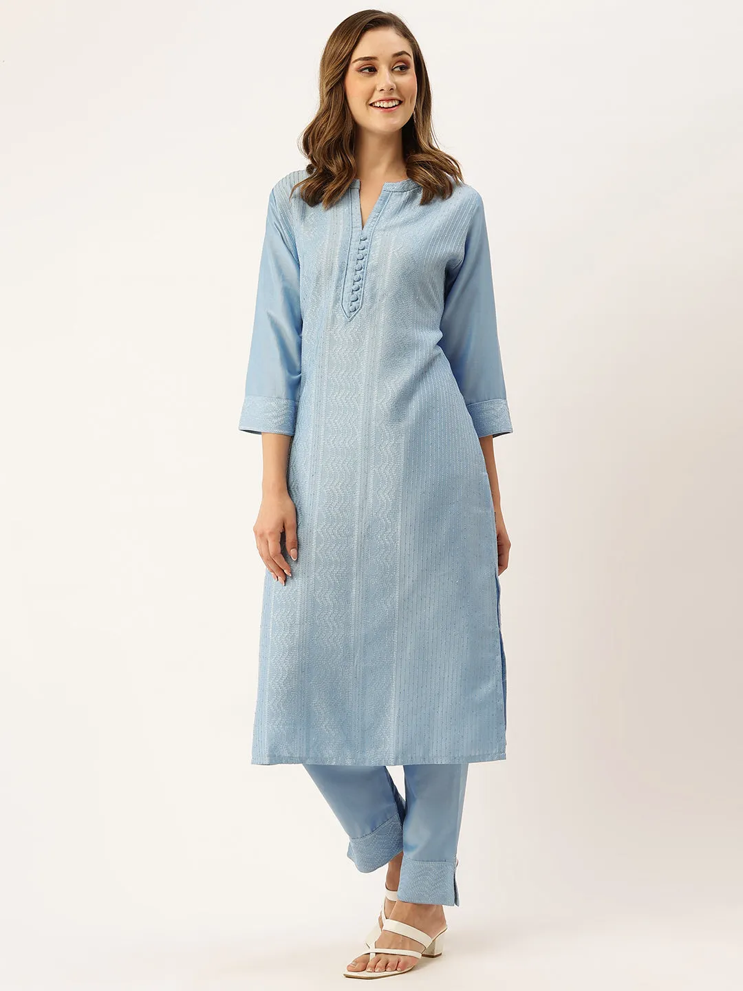 Mandarin Collar Chanderi Silk Fabric All Over Chikankari Embroidery With Sequin Work Blue Kurta Set For Women - ZOLA