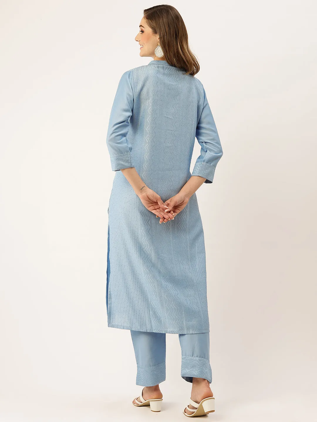 Mandarin Collar Chanderi Silk Fabric All Over Chikankari Embroidery With Sequin Work Blue Kurta Set For Women - ZOLA