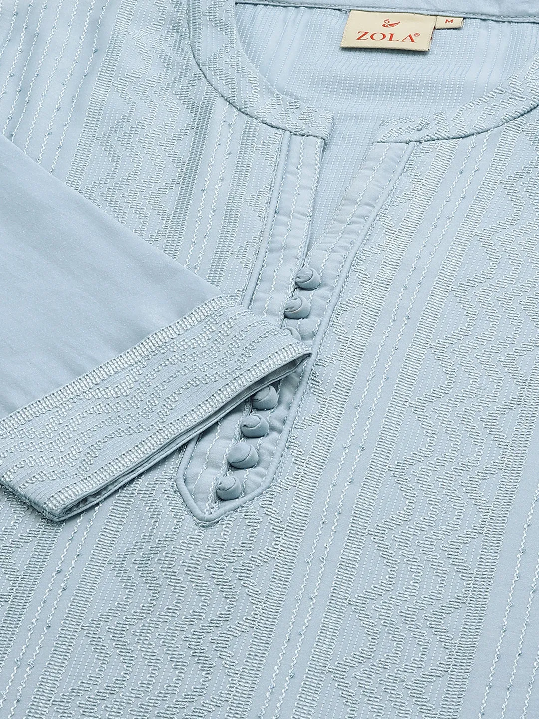Mandarin Collar Chanderi Silk Fabric All Over Chikankari Embroidery With Sequin Work Blue Kurta Set For Women - ZOLA