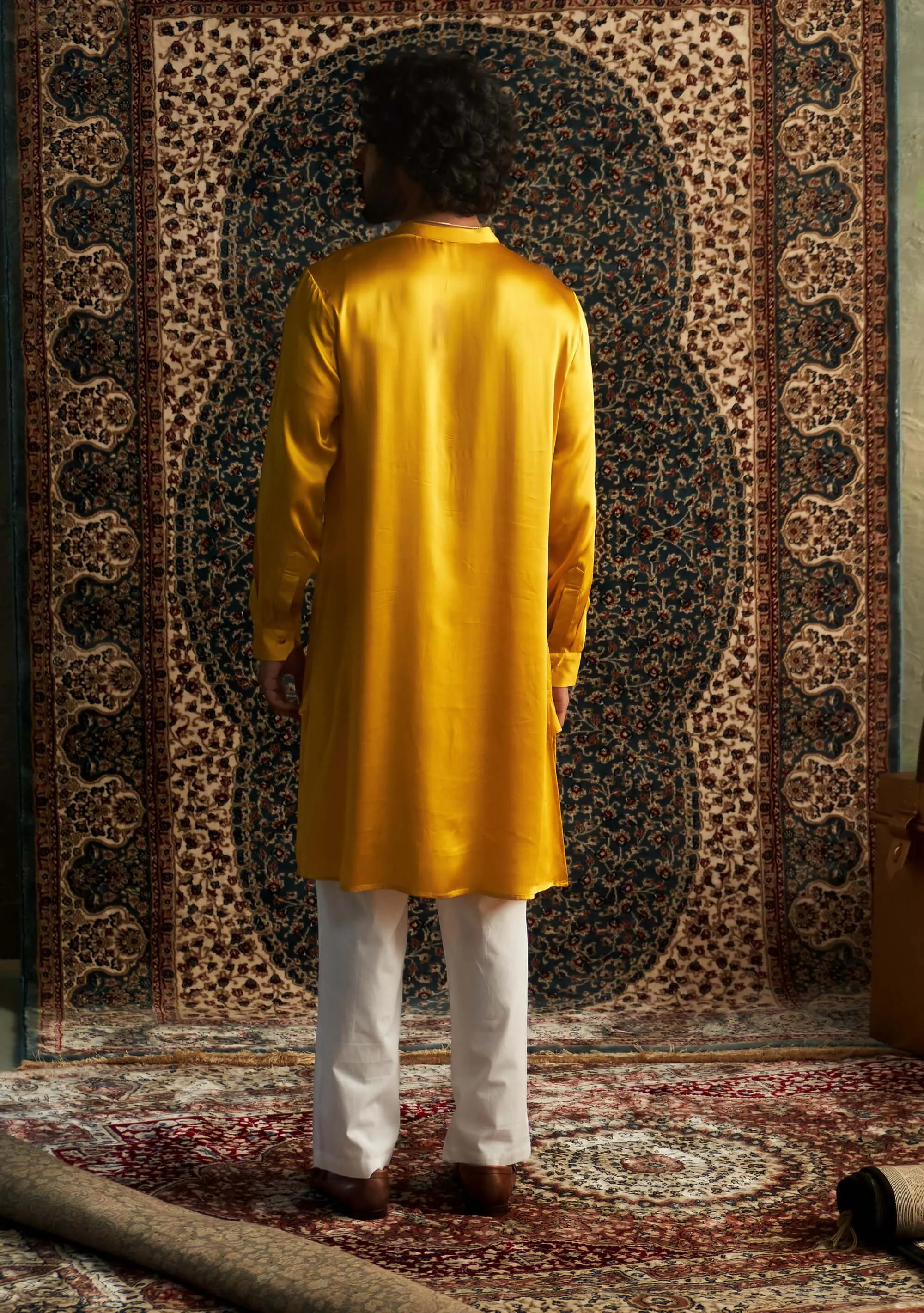 Marigold modal satin kurta and straight pants