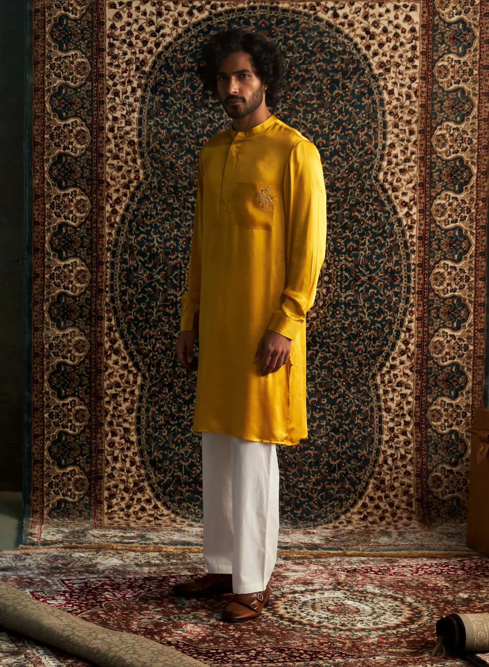 Marigold modal satin kurta and straight pants