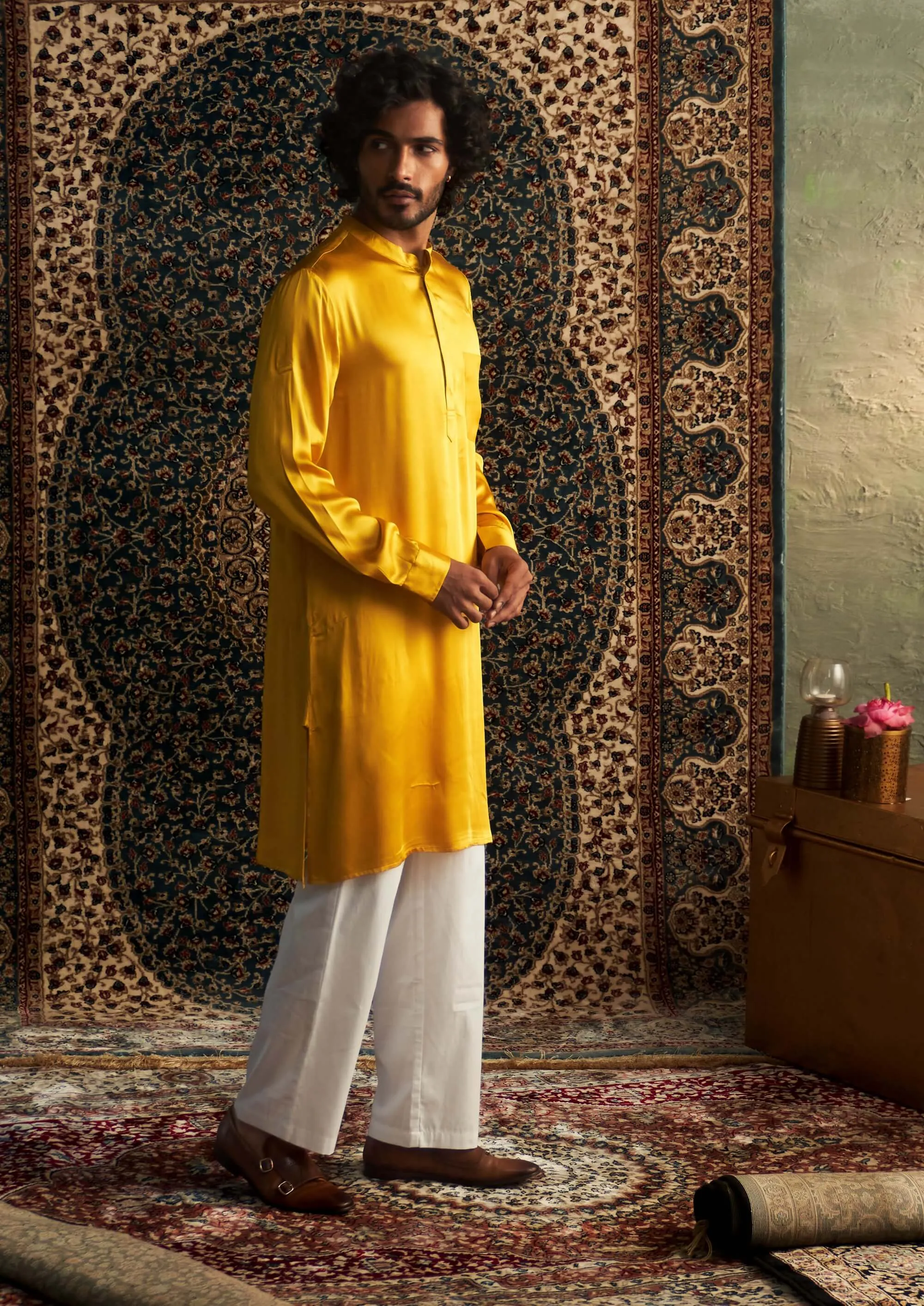Marigold modal satin kurta and straight pants
