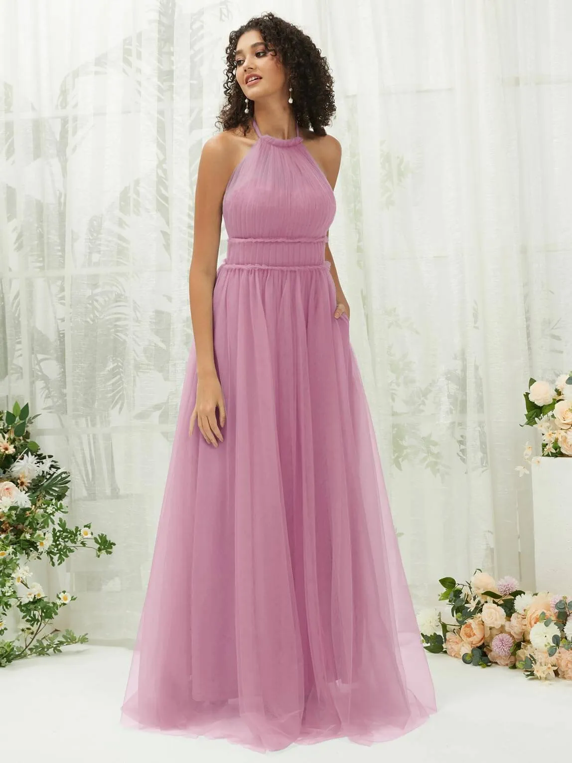 Mauve Tulle Halter Neck Floor Length Bridesmaid Dress With Pocket