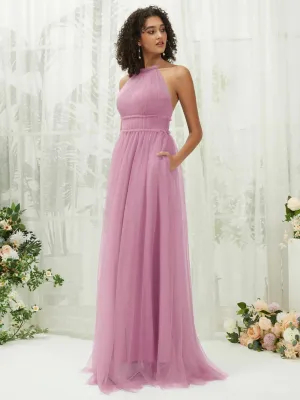Mauve Tulle Halter Neck Floor Length Bridesmaid Dress With Pocket