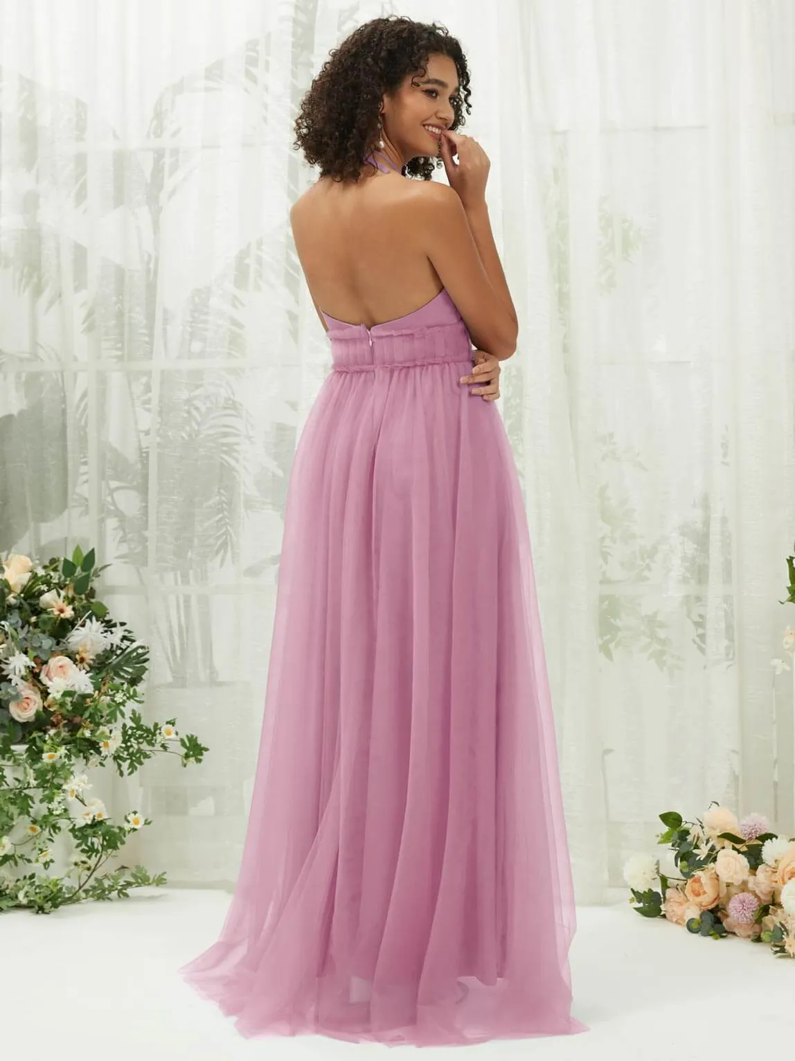 Mauve Tulle Halter Neck Floor Length Bridesmaid Dress With Pocket