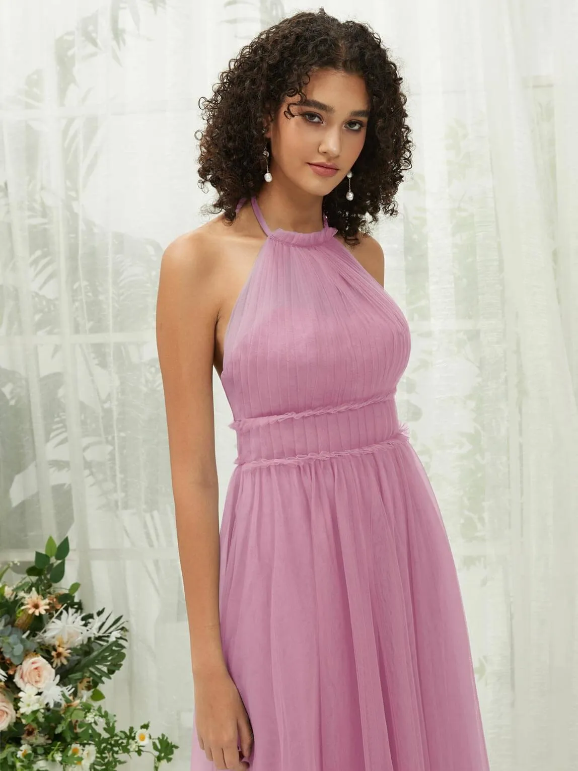 Mauve Tulle Halter Neck Floor Length Bridesmaid Dress With Pocket
