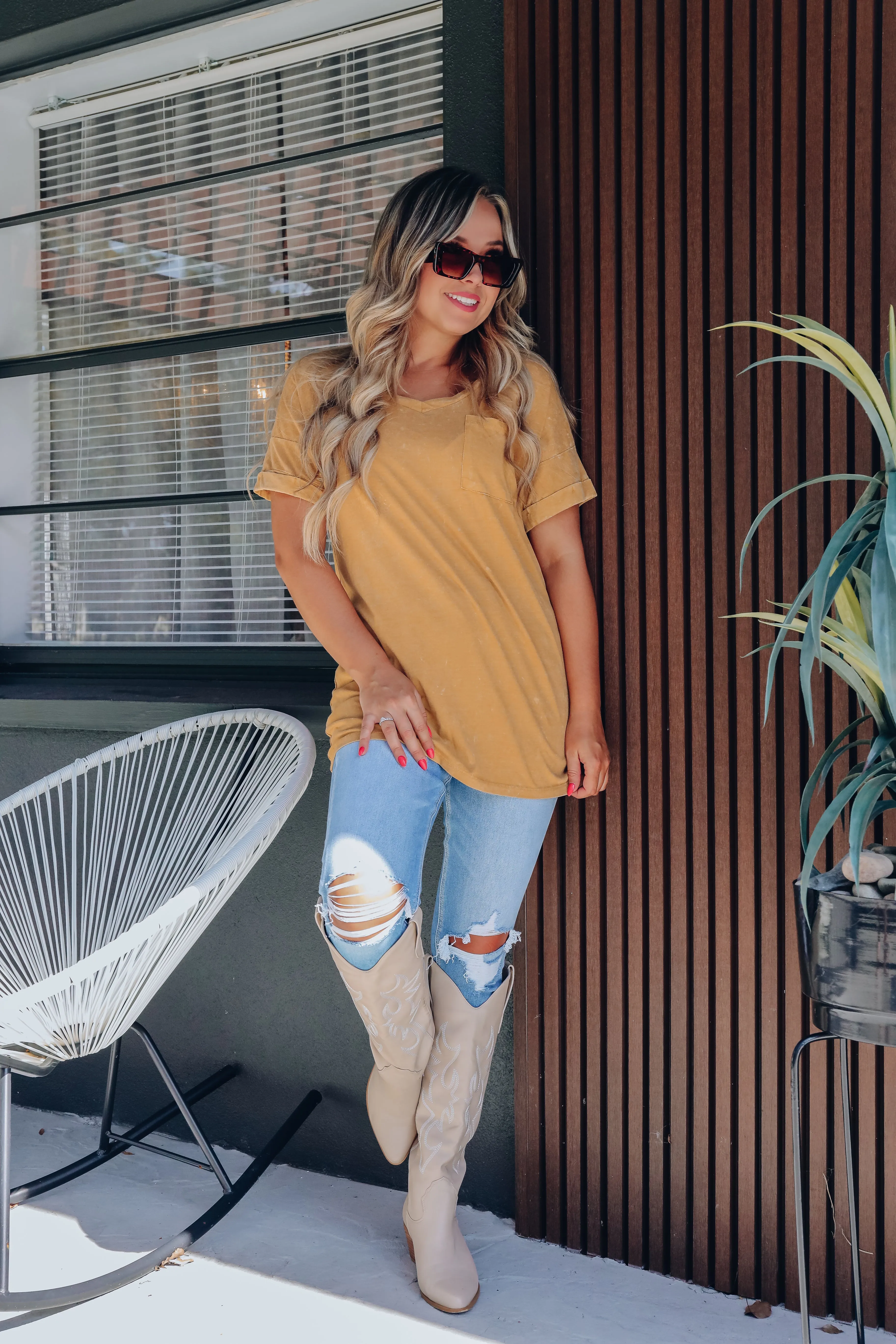 Maya Vintage Wash Pocketed Tee - Mustard