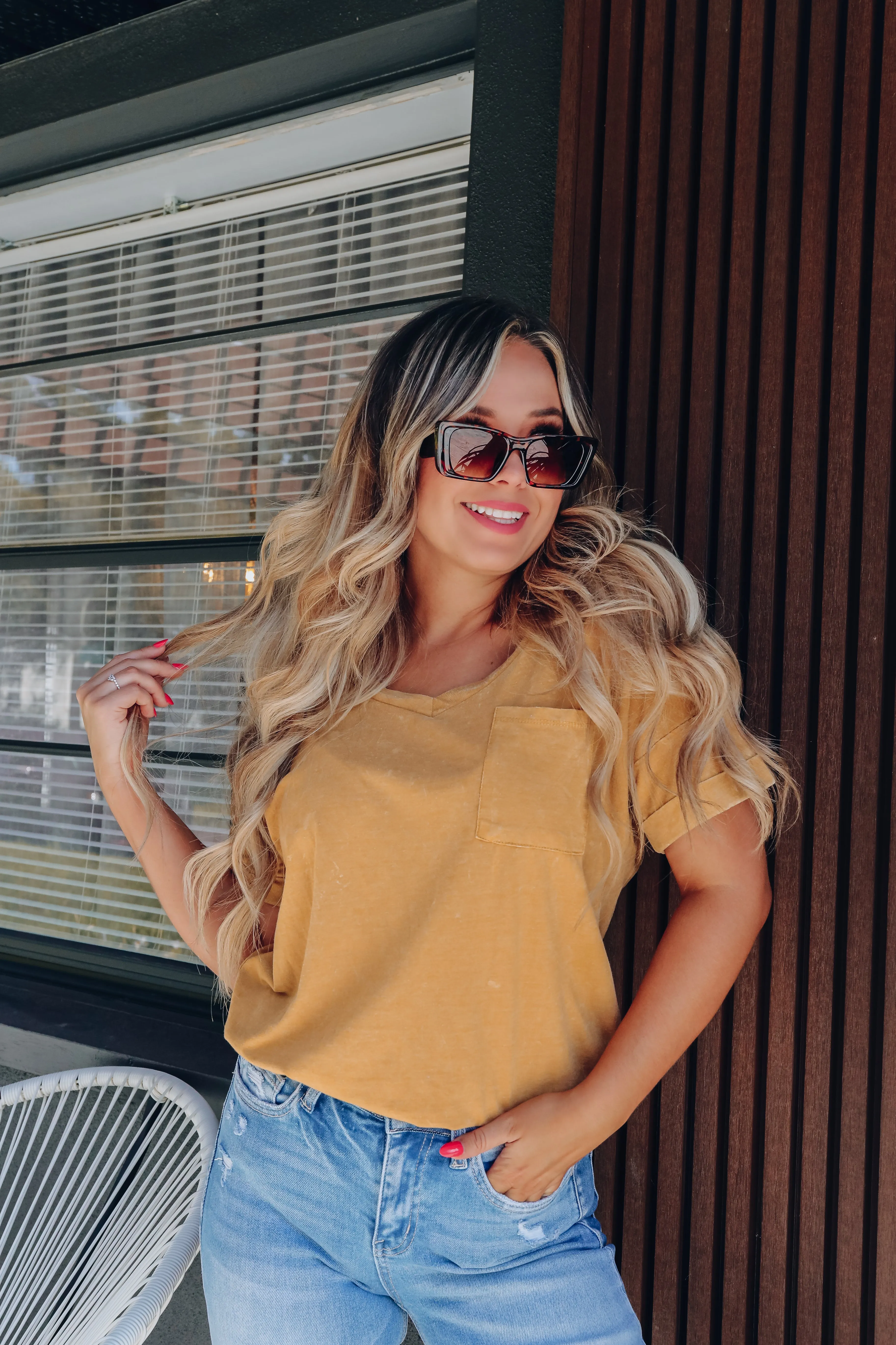 Maya Vintage Wash Pocketed Tee - Mustard