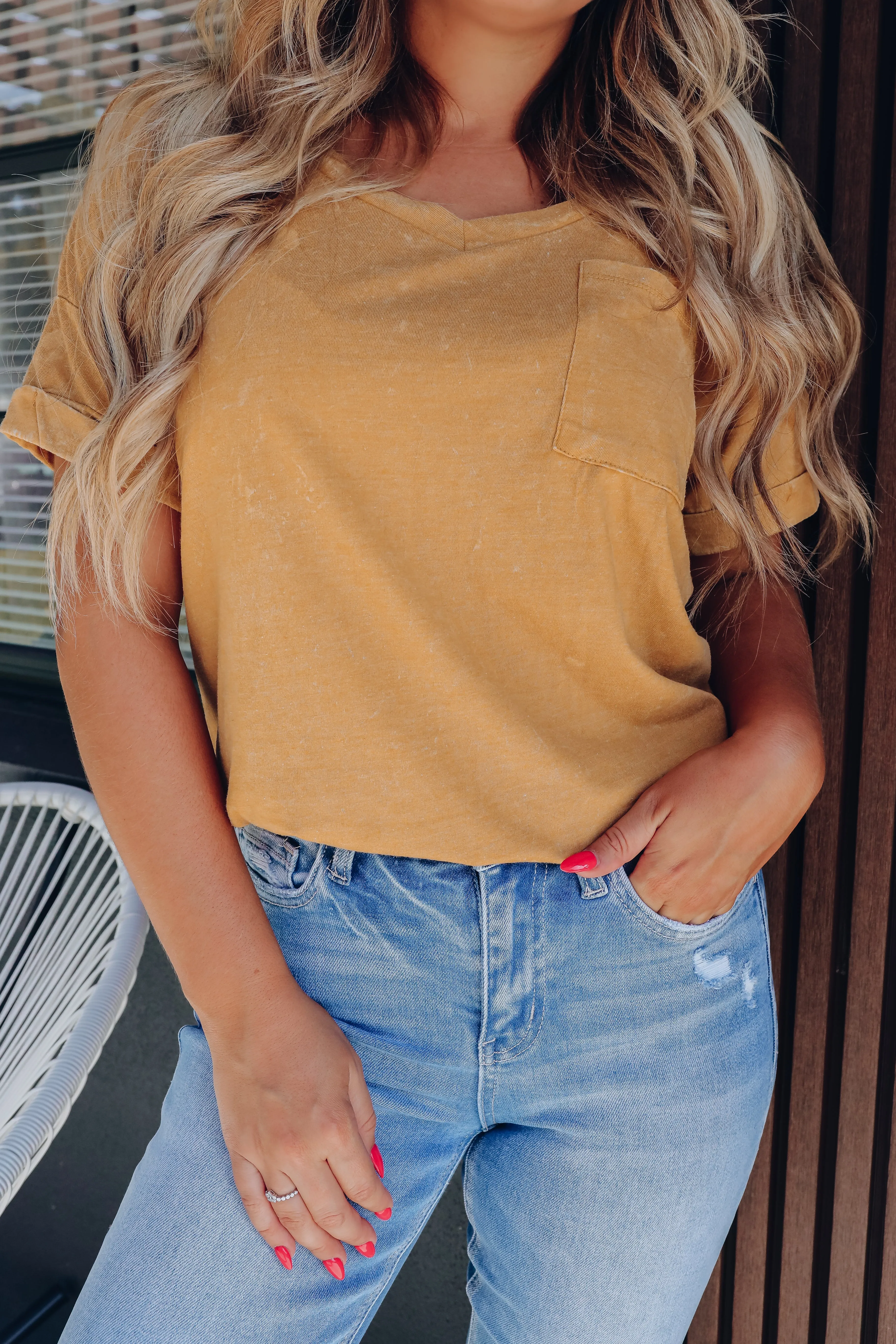 Maya Vintage Wash Pocketed Tee - Mustard