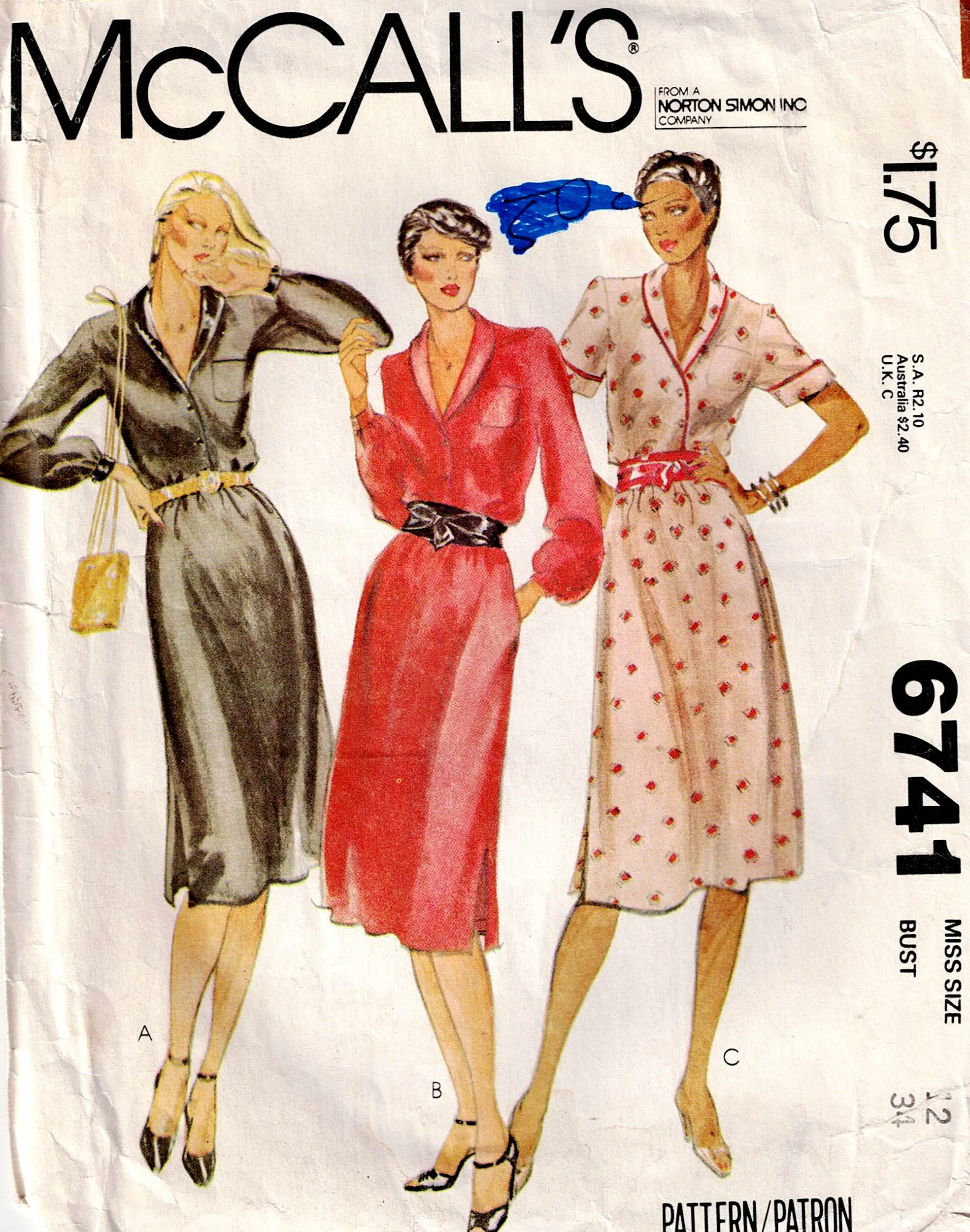 McCall's 6741 Womens Shirtdress 1970s Vintage Sewing Pattern Size 12 Bust 34 inches