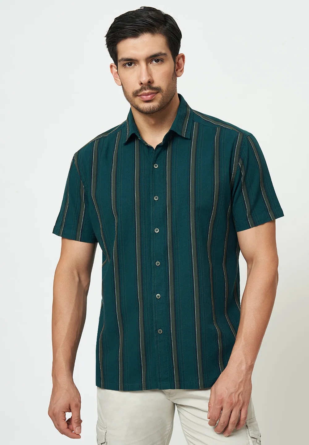 Men Green Stripes Casual Shirt