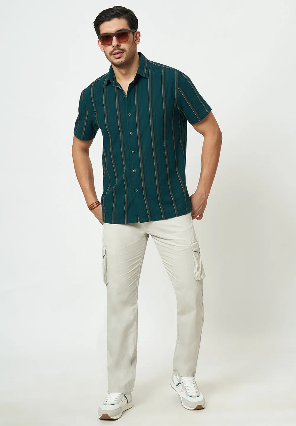 Men Green Stripes Casual Shirt