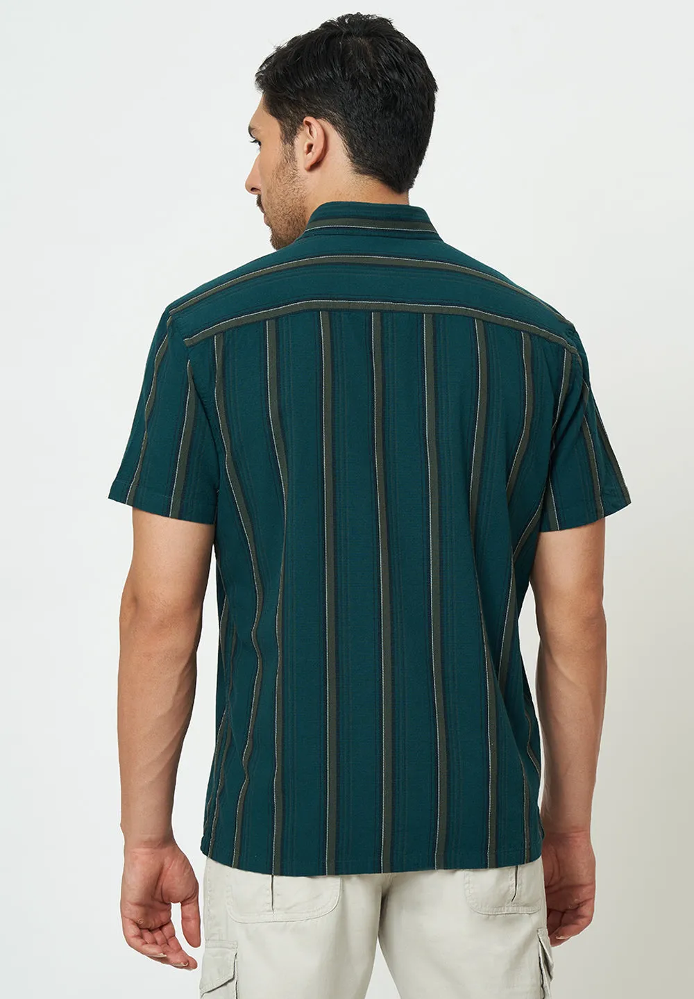 Men Green Stripes Casual Shirt
