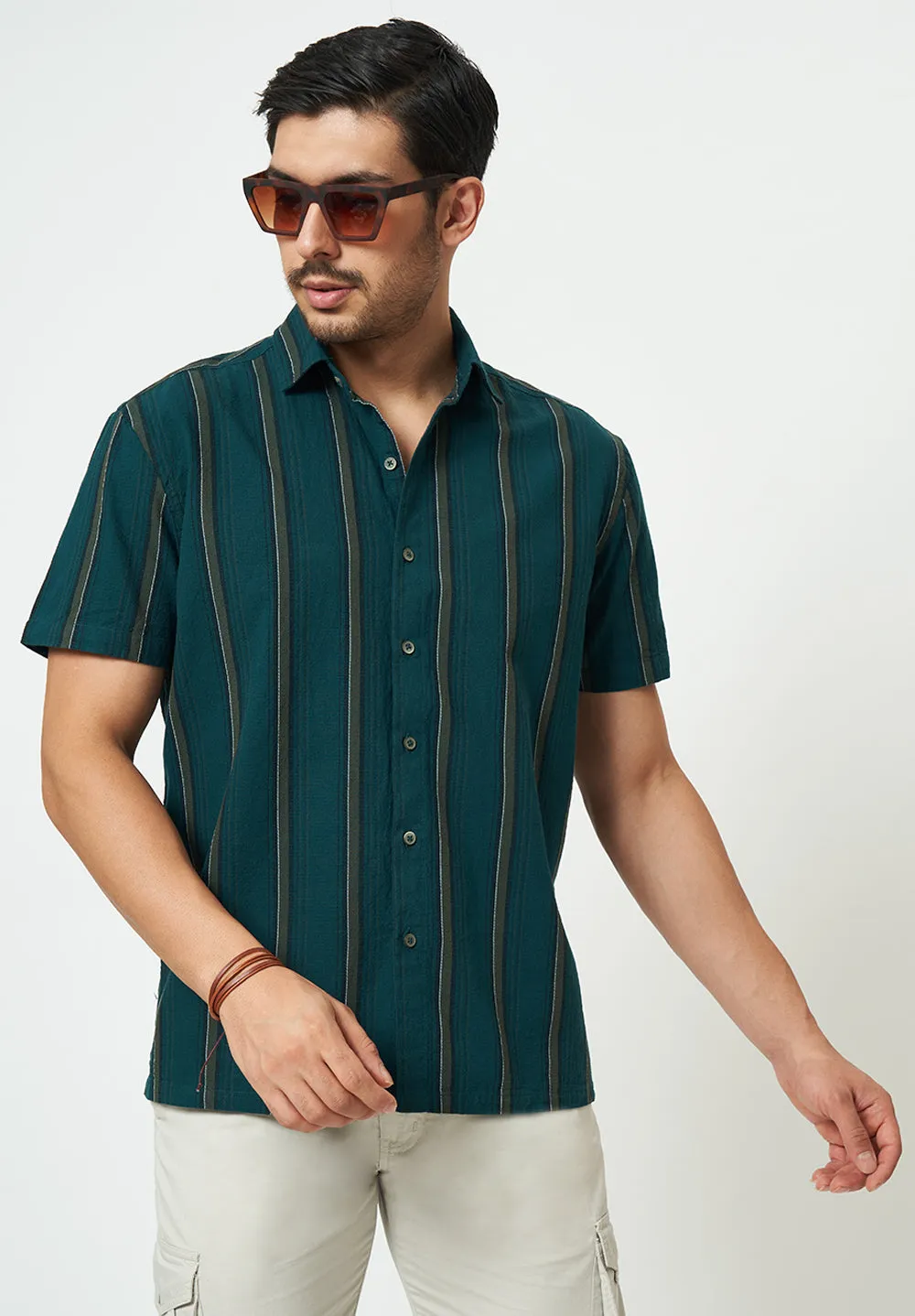 Men Green Stripes Casual Shirt