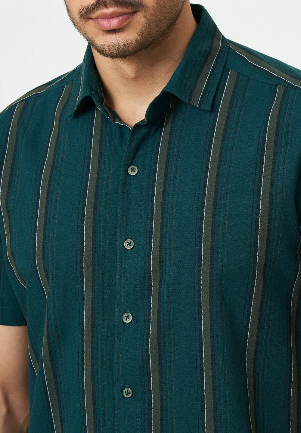 Men Green Stripes Casual Shirt