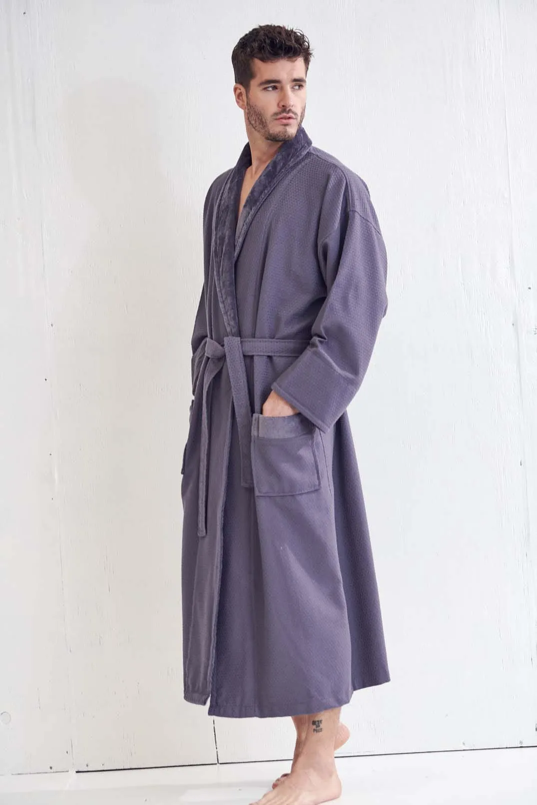 Men's Cotton Turkish Velour Shawl Collar Bathrobe, Luxury Comfort & Absorbent, Breathable & Softness, (Gray)